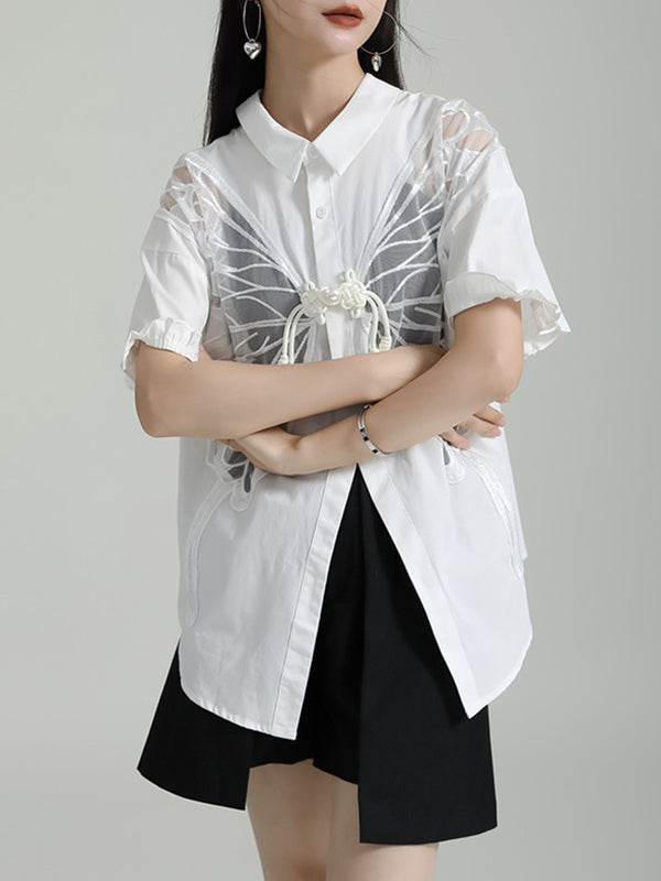 Half Sleeves Loose Buttoned Mesh Reversible See-Through Split-Back Split-Joint Lapel Blouses&Shirts Tops