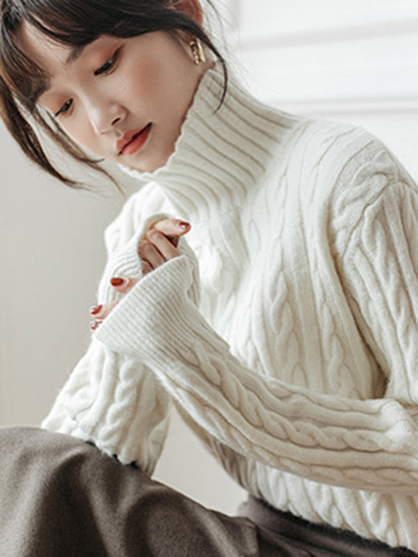 Casual Long Sleeves Loose Solid Color High-Neck Sweater Tops