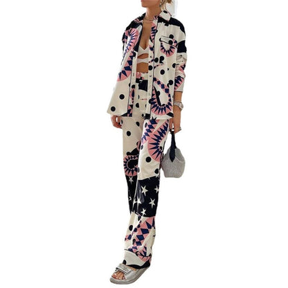 Printing Long Sleeve Lapel Single Breasted Blouse And High Waisted Wide Leg Pants Two Pieces Suit