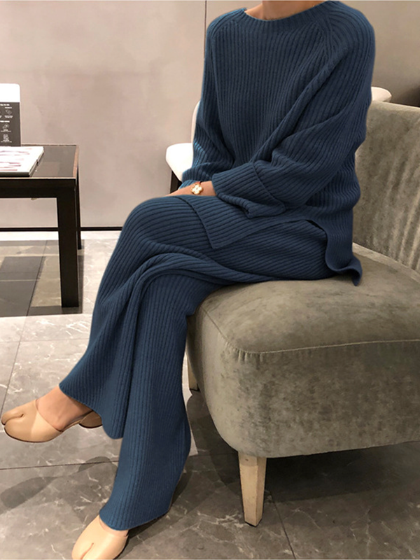 Long Sleeves Wrap Solid Color Split-Side Round-Neck Sweater Tops&Pants Suits