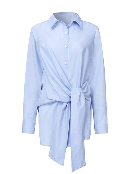 Long Sleeves Loose Bandage Buttoned Solid Color Split-Joint Lapel Collar Blouses