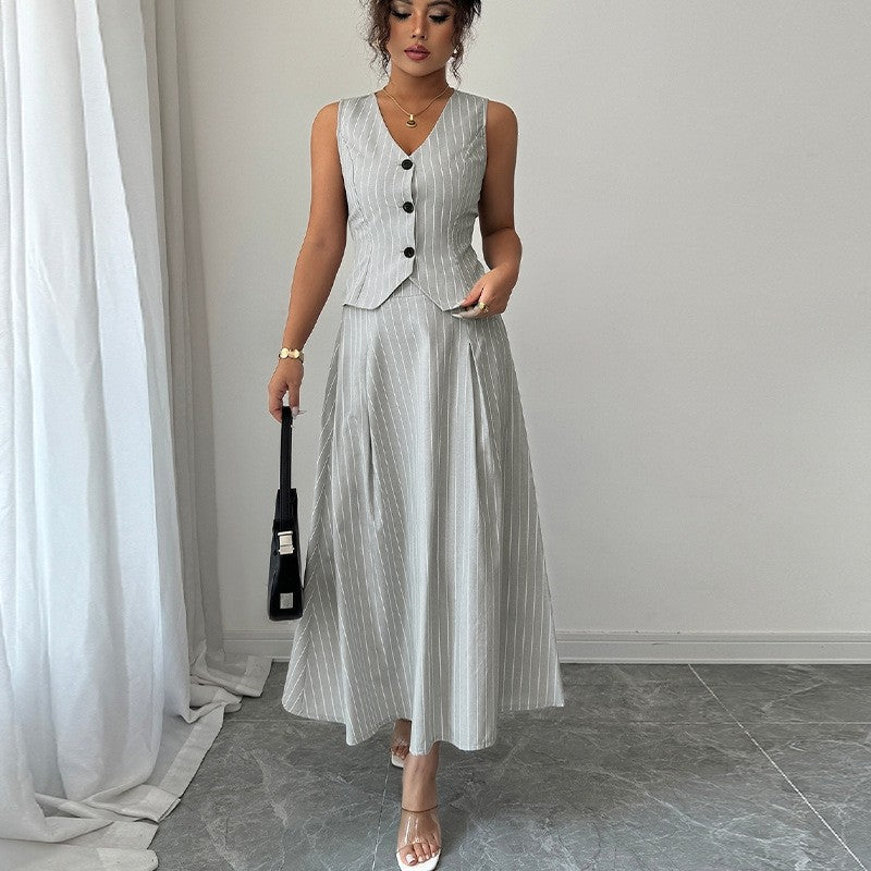 Striped Skirt Vest Two Piece Set