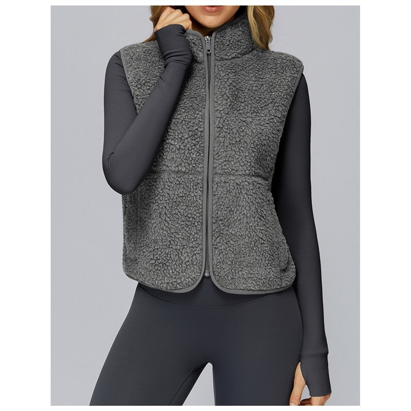 Solid Color Stand Collar Fleece Sports Vest