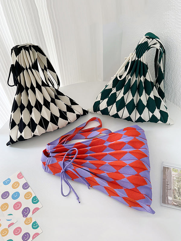 Contrast Color Drawstring Pleated Rhombus Woven Handbags