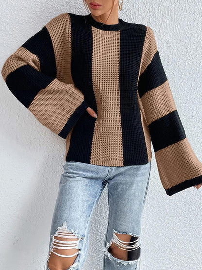 Flared Sleeves Long Sleeves Contrast Color Round-Neck Knitwear Pullovers Sweater Tops