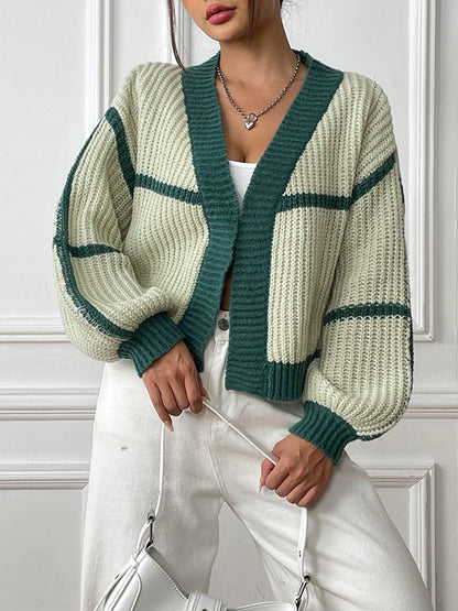 Long Sleeves Loose Contrast Color Cardigan Sweater Tops