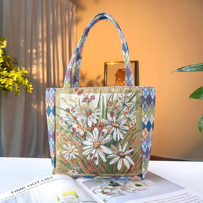 Cosbai - Diamond Pattern Lace Print Canvas Tote Bag