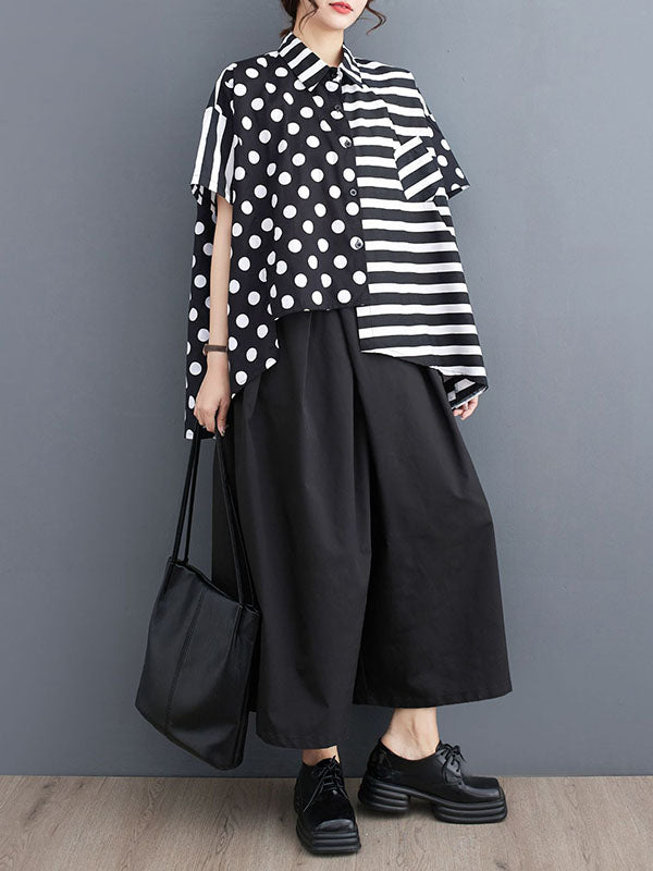 Loose Short Sleeves Buttoned Contrast Color Pockets Polka-Dot Split-Back Split-Joint Striped Lapel T-Shirts Tops