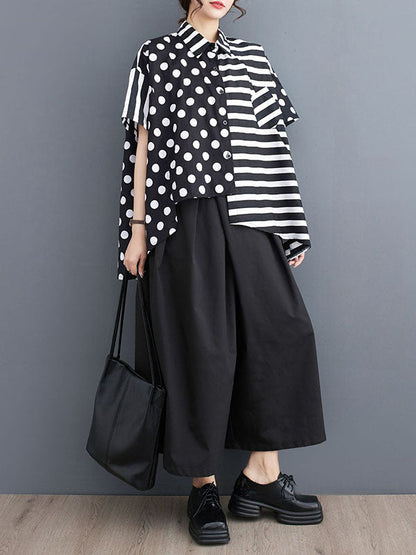 Loose Short Sleeves Buttoned Contrast Color Pockets Polka-Dot Split-Back Split-Joint Striped Lapel T-Shirts Tops