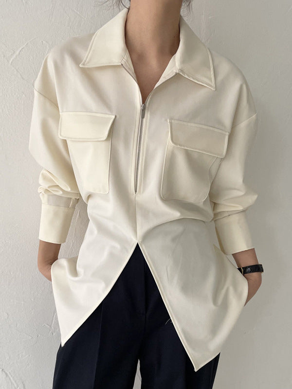 Long Sleeves Raglan Sleeve Pockets Split-Front Split-Joint Tied Zipper Lapel Blouses&Shirts Tops
