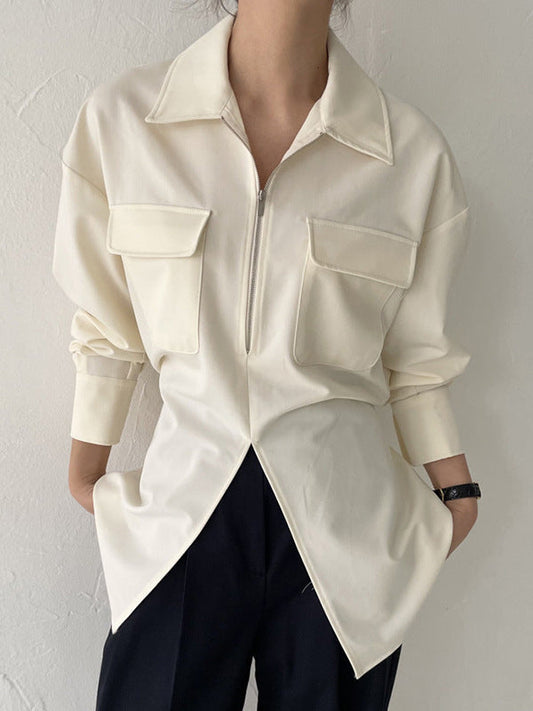 Long Sleeves Raglan Sleeve Pockets Split-Front Split-Joint Tied Zipper Lapel Blouses&Shirts Tops