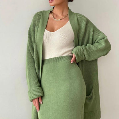2 Pcs Solid Color Cardigan Sweater Skirt Set