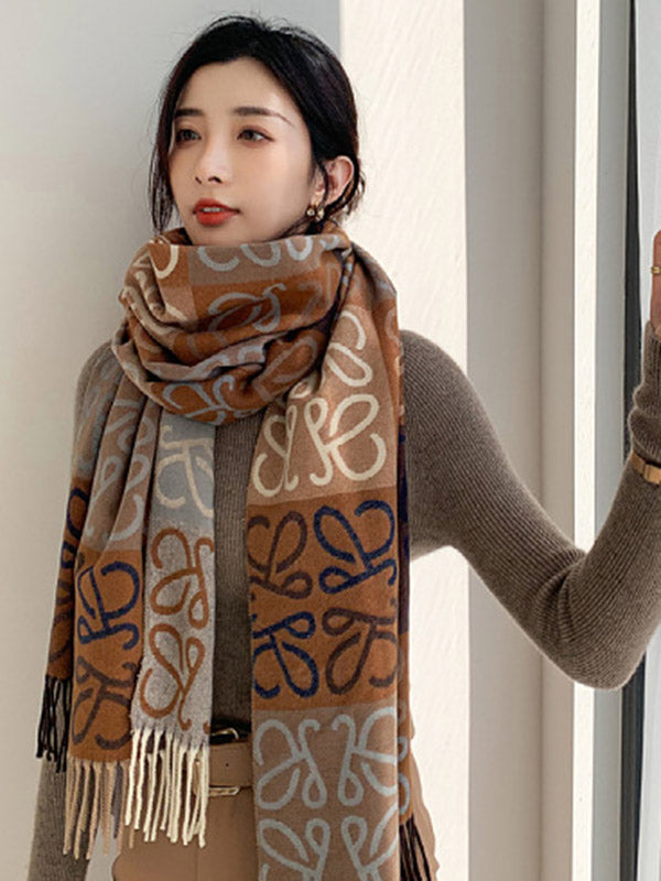 Fashion Contrast Color Printed Tasseled Shawl&Scarf