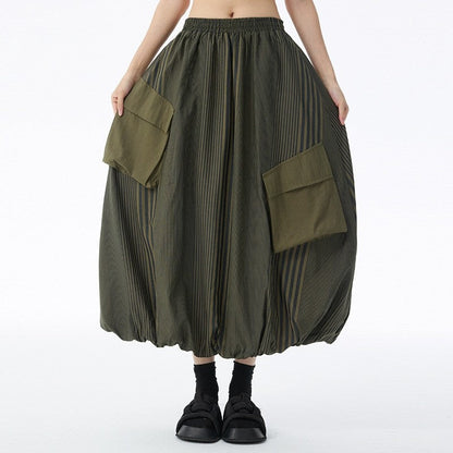 Paneled Pocket Striped Midi Skirt