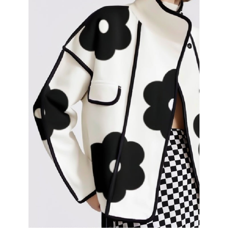 Long Sleeves Loose Contrast Color Flower Print Split-Joint Stand Collar Jackets Outerwear