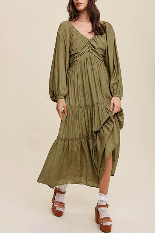 Green V Neck Bowknot Cutout Frill Tiered Maxi Dress