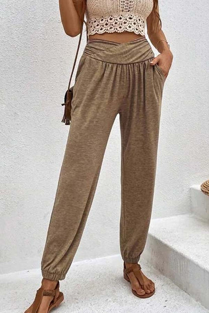 Temperament casual loose pocket high waist trousers