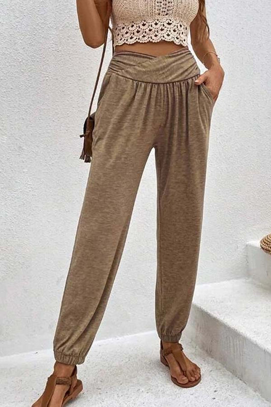 Temperament casual loose pocket high waist trousers