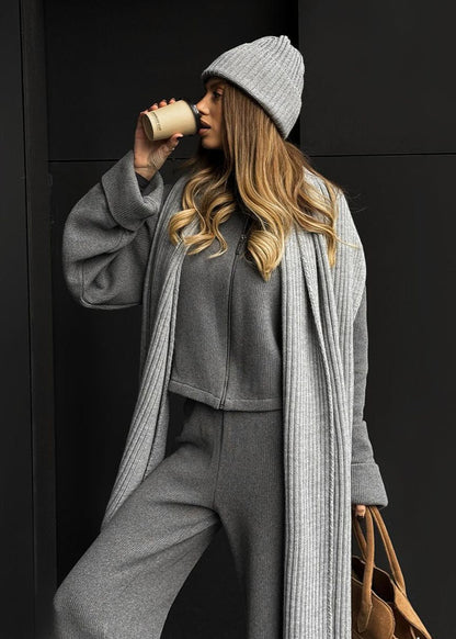 Knit Lounge Set Ribbed Blend Zip Jacket And Wide-Leg Pants
