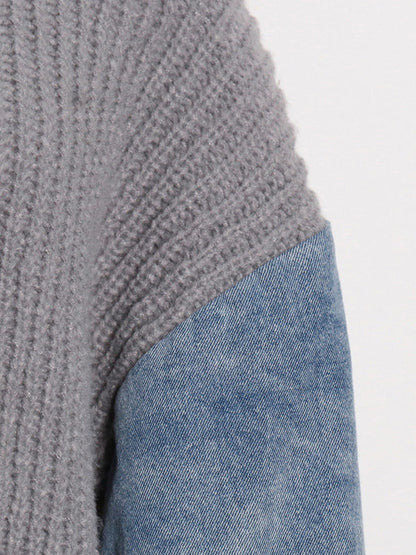 Stylish Denim Knitting Split-Joint Contrast Color Sweater Top