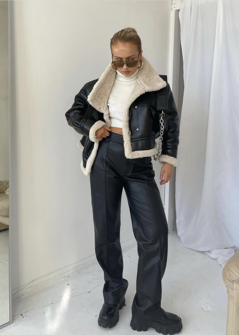 Faux Leather Jacket With Shearling Lining And Cropped Fit