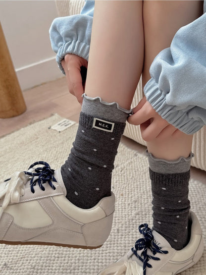 Rufia - Polka Dot Print Mid-Crew Socks with Ruffle Trim