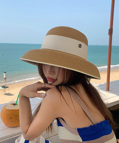French Khaki Bow Straw Woven Holiday Style Beach Bucket Hat