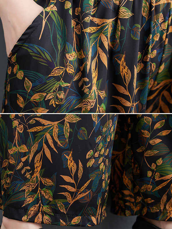 Loose Short Sleeves Printed Lapel Two Pieces Set