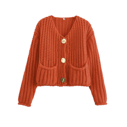Chunky Knit V-Neck Button Down Crop Cardigan