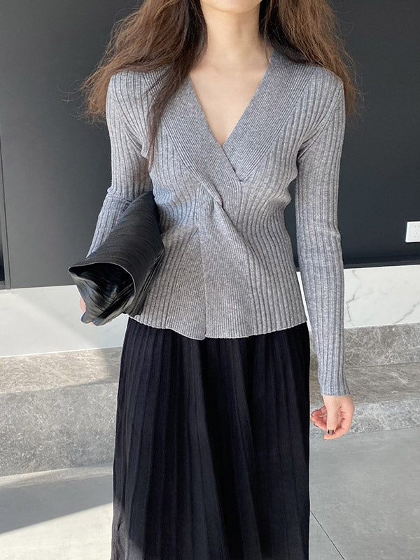Long Sleeves Loose Knot Solid Color V-Neck Pullovers Sweater Tops