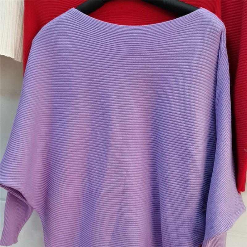 Solid Color One-Word Collar Bat Sleeve Knit Sweater