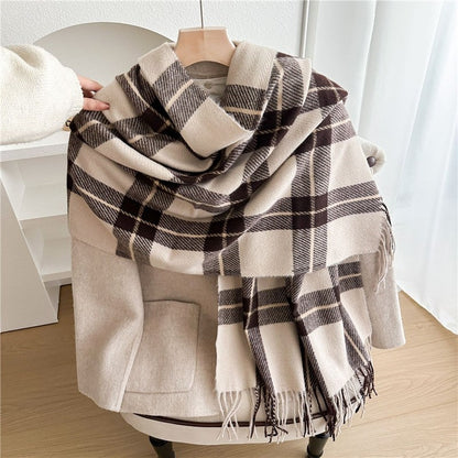 Color Block Plaid Fringe Scarf