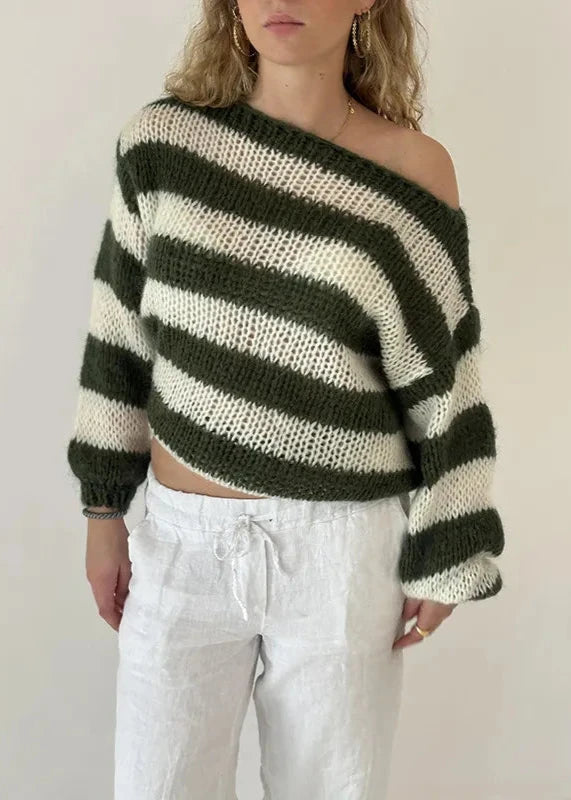 Relaxed Knit Off Shoulder Sweater With Stripes