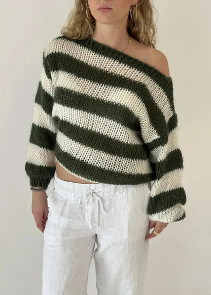 Relaxed Knit Off Shoulder Sweater With Stripes