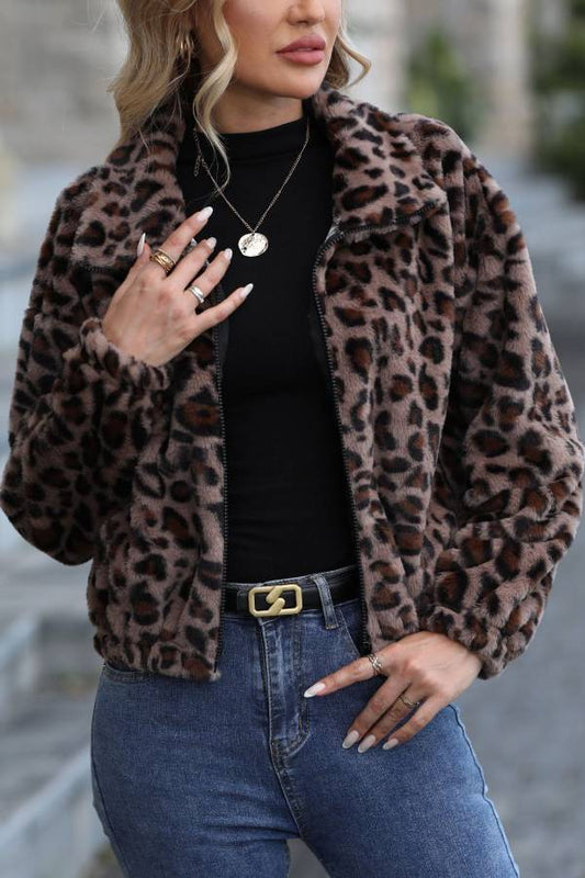 Leopard print faux fur short jacket
