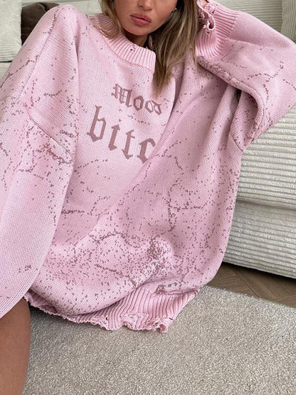 Long Sleeves Loose Hollow Knitted Letters Round-Neck Knitwear Pullovers Sweater Tops