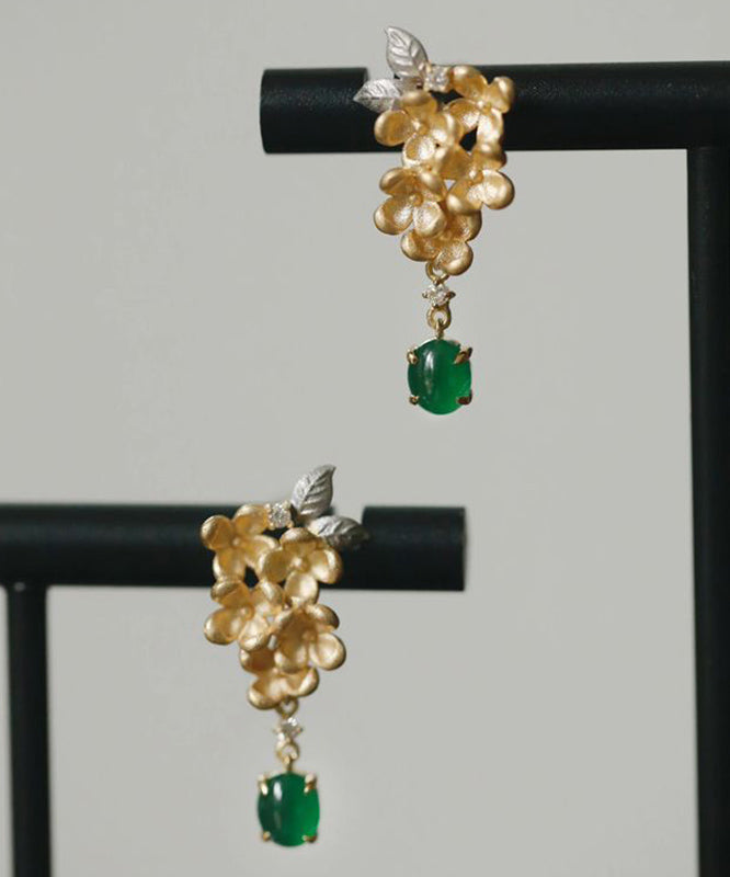 Vintage Green StCopper Zircon Jade Floral Tasselud Earrings