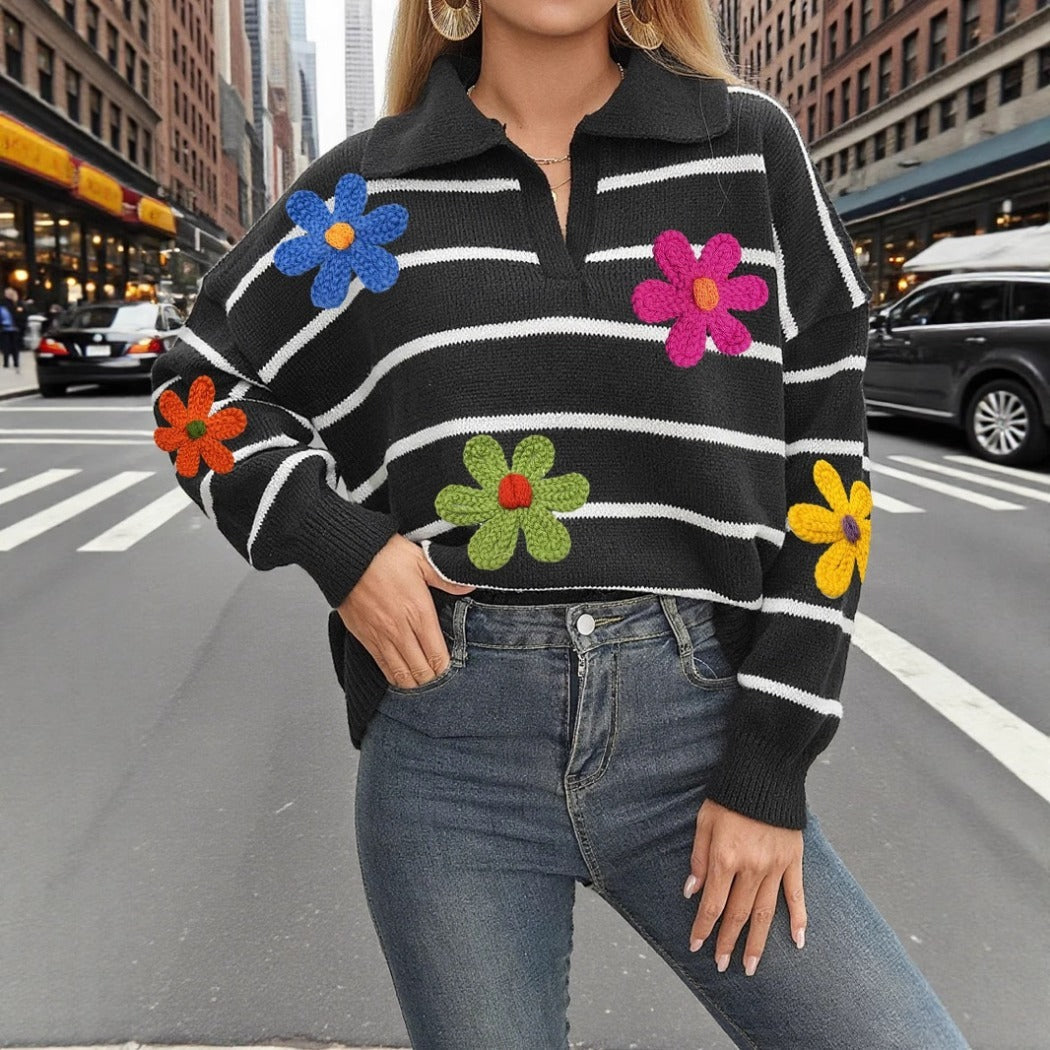 Crosa - Colorblock Flower Polo Sweater