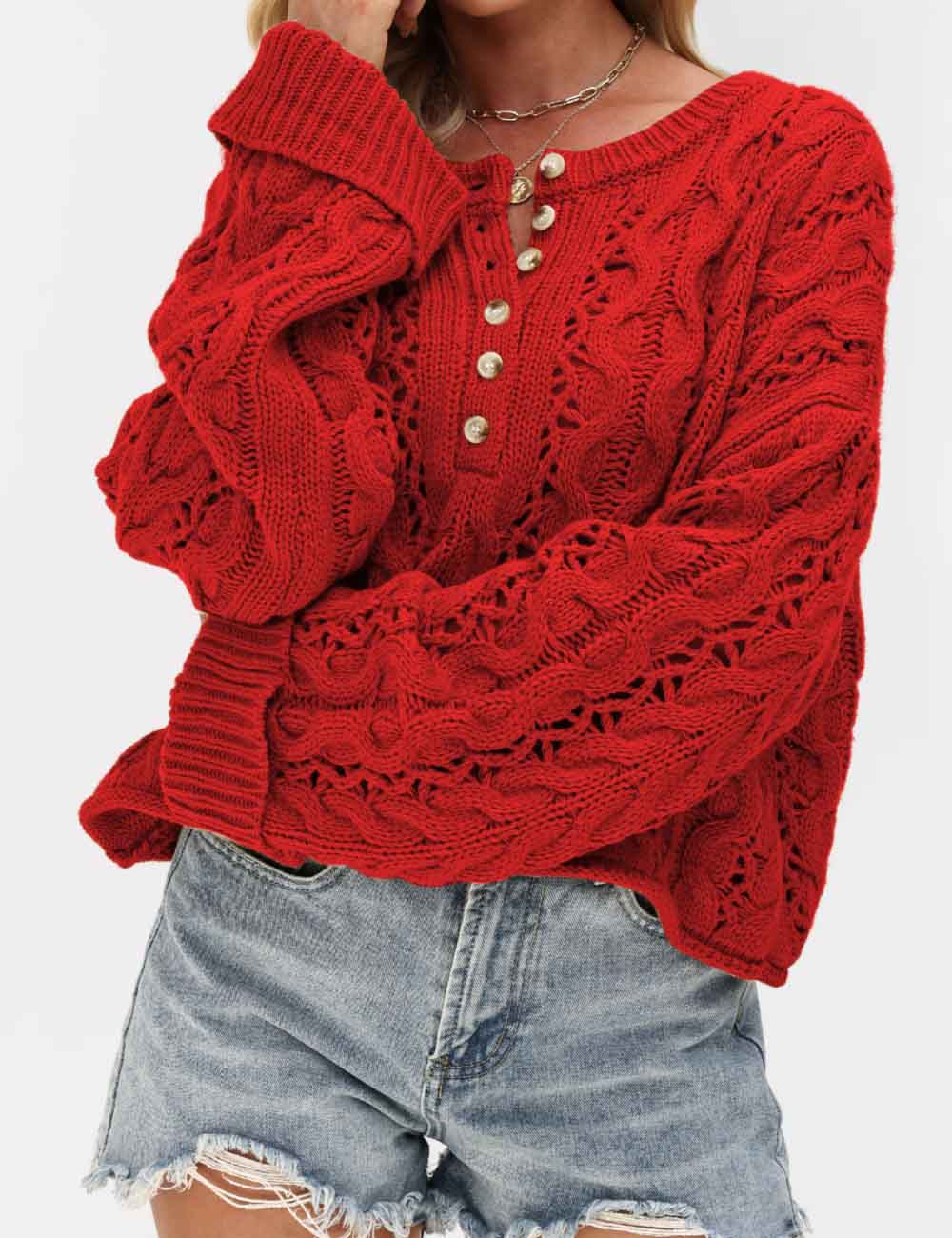 Cable Knit Round Neck Button Pullover Sweater