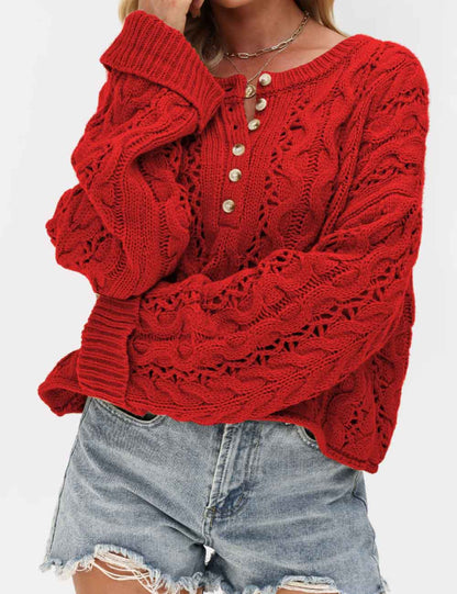 Cable Knit Round Neck Button Pullover Sweater