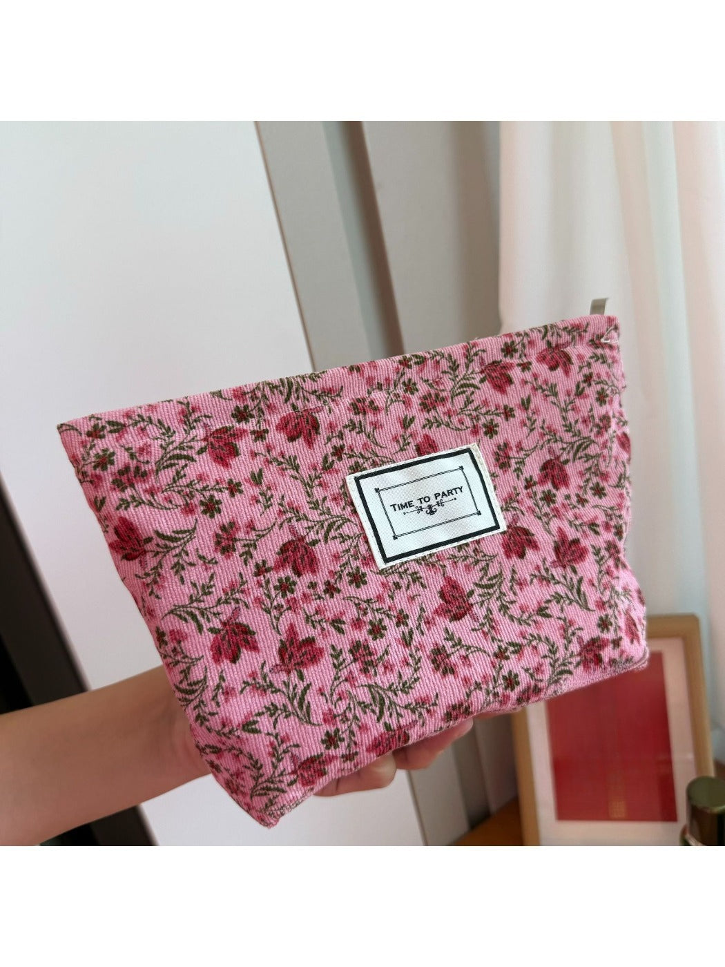 Cosbai - Corduroy Travel Makeup Bag with Floral Prints