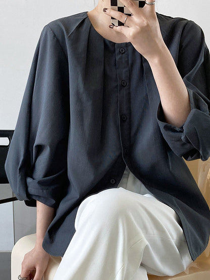 High-Low Loose Pleated See-Through Solid Color Split-Joint Round-Neck Blouses