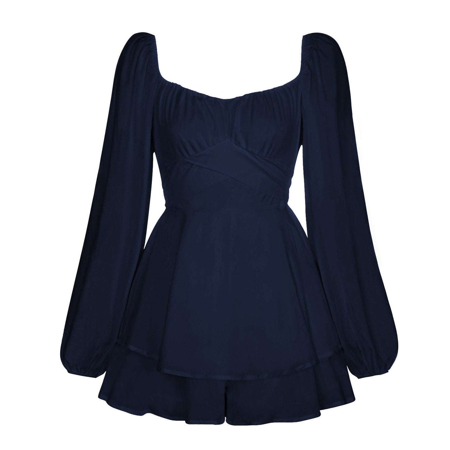 Long Sleeve Square Neck Waist Tie Flare Jumpsuit