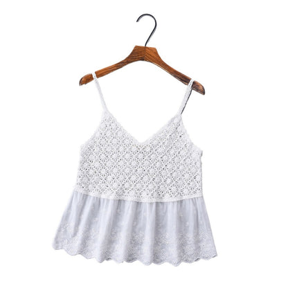 Vesty - Lace-Knit V-Neck Cami Top - White &amp; Beige