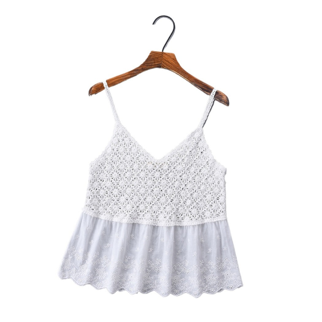 Vesty - Lace-Knit V-Neck Cami Top - White &amp; Beige