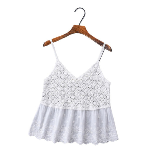 Vesty - Lace-Knit V-Neck Cami Top - White &amp; Beige