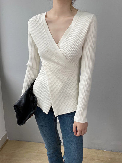 Chic Simple 5 Colors Split-Front V-Neck Long Sleeves Knitted Sweater Tops