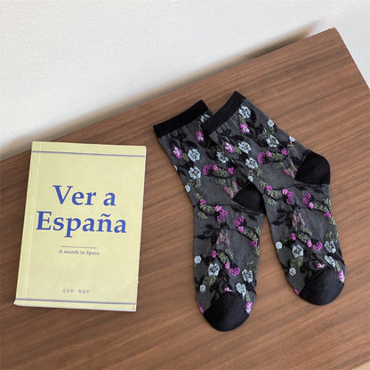 Rufia - Embossed Vintage Floral Pattern Mid-Calf Socks