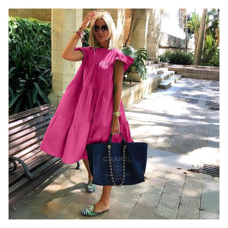 Solid Color Loose Pleated Short Sleeve Dress