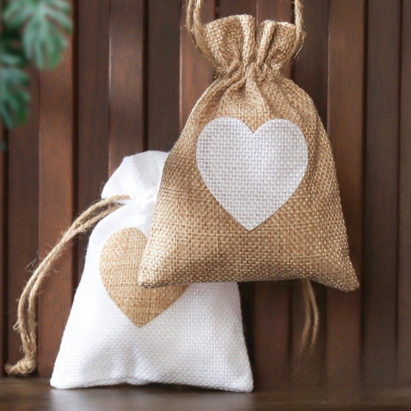 Linen Gift Bag With Heart Print Drawstring